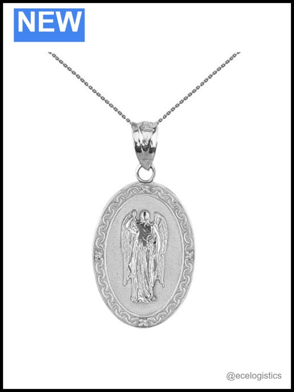 Sterling Silver Saint Gabriel Archangel CZ Oval Pendant Necklace
